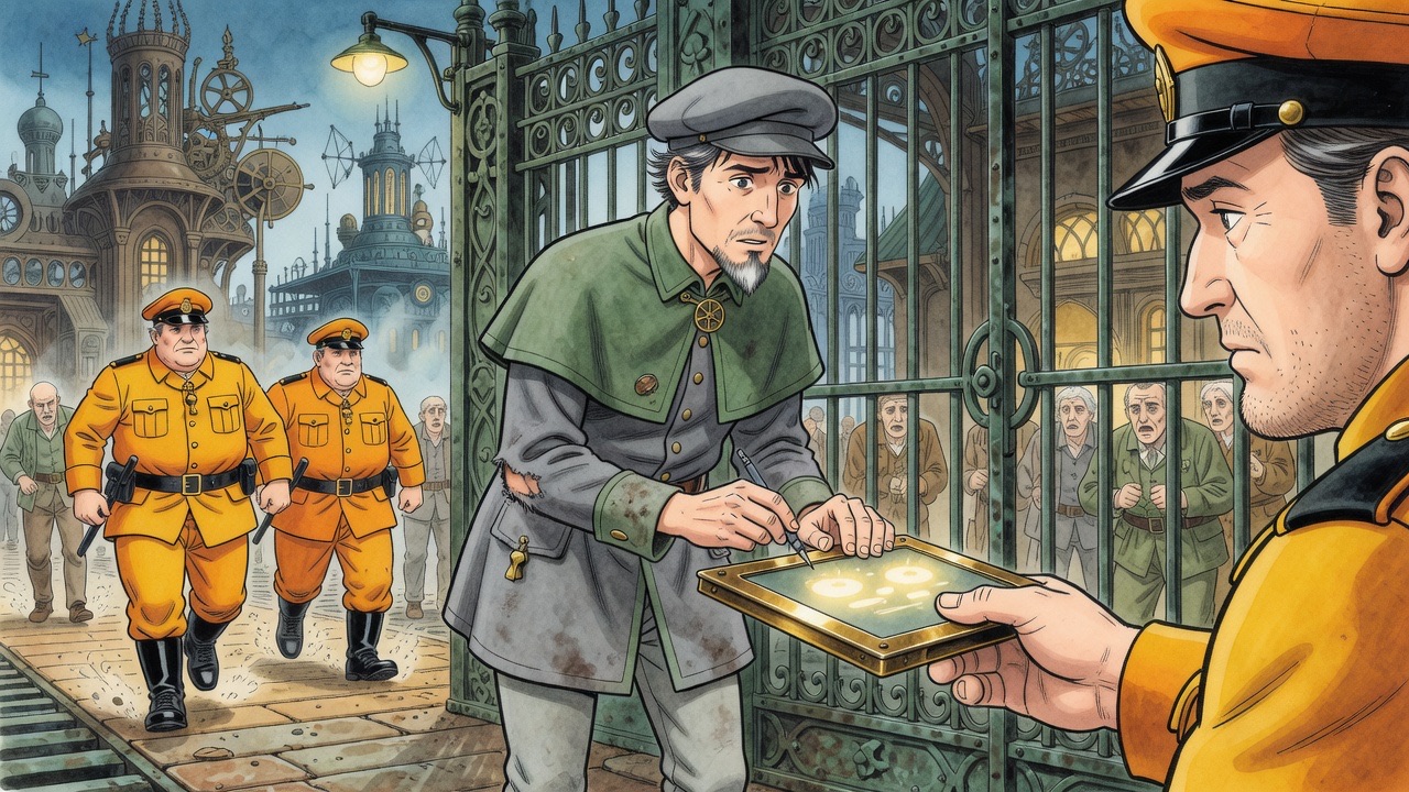 At the gate of the jewellers' warren, Graham presses his signature onto an official tablet held by a Labour policeman.