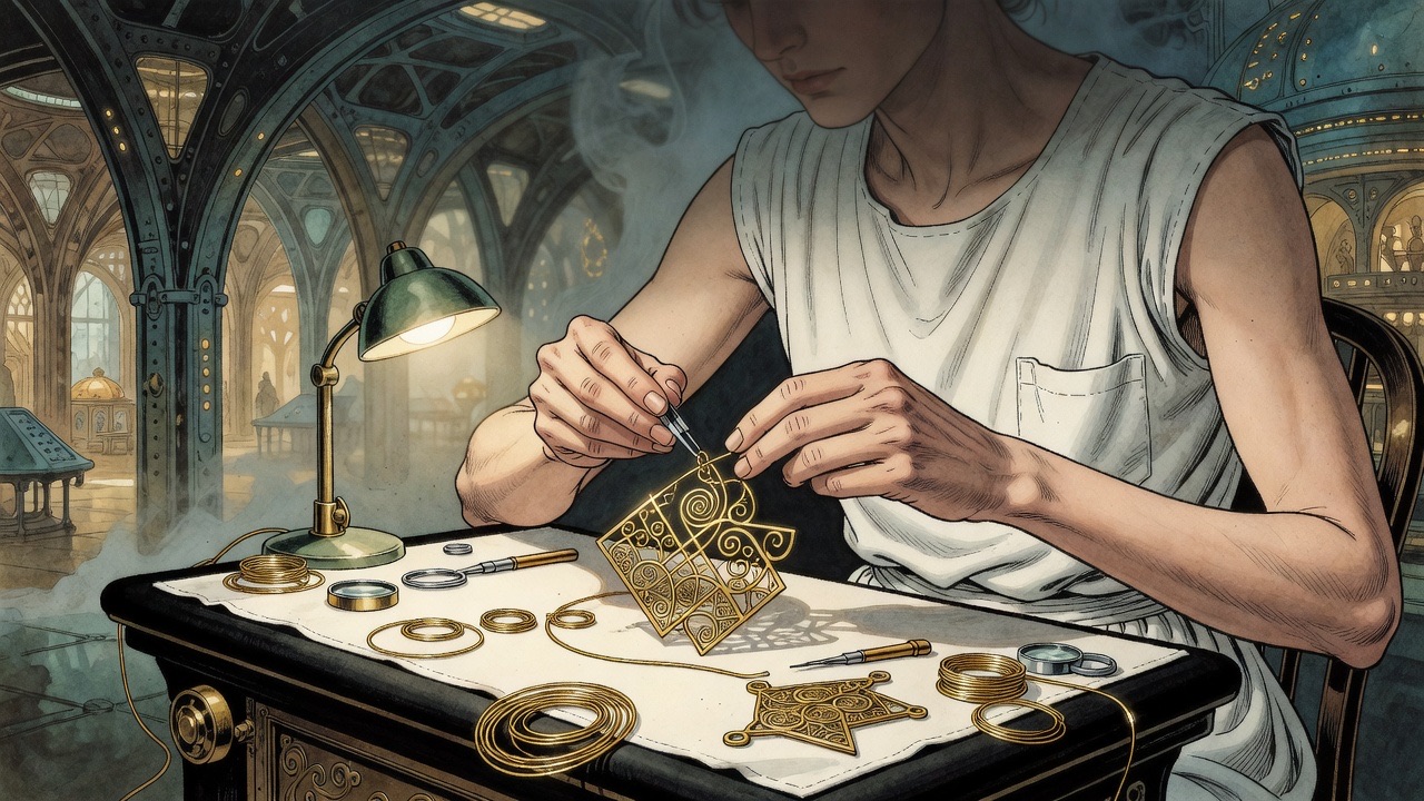 Close on a goldsmith's bare-armed hands twisting fine gold wire into an intricate grotesque ornament under a lamp.