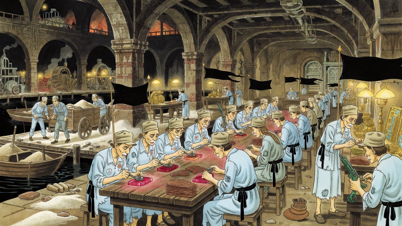 Women in blue canvas cut and set glowing slabs of artificial ruby at long tables.