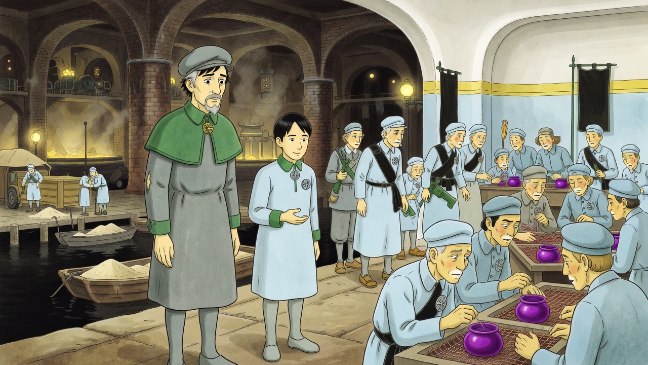 Graham looks with pity and anger at cloisonné workers whose lips and nostrils are livid white from enamel poisoning, as Asano apologises.