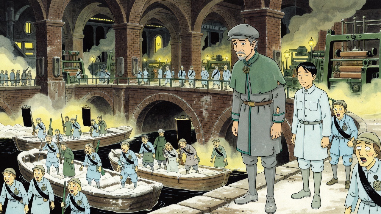 From a little bridge, Graham and Asano look down on a vast vaulted wharf where coughing men unload floury felspar from three barges.