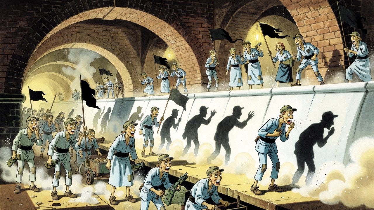 Huge gesticulating shadows of dust-whitened workers are thrown against a long whitewashed wall, one bent double coughing.