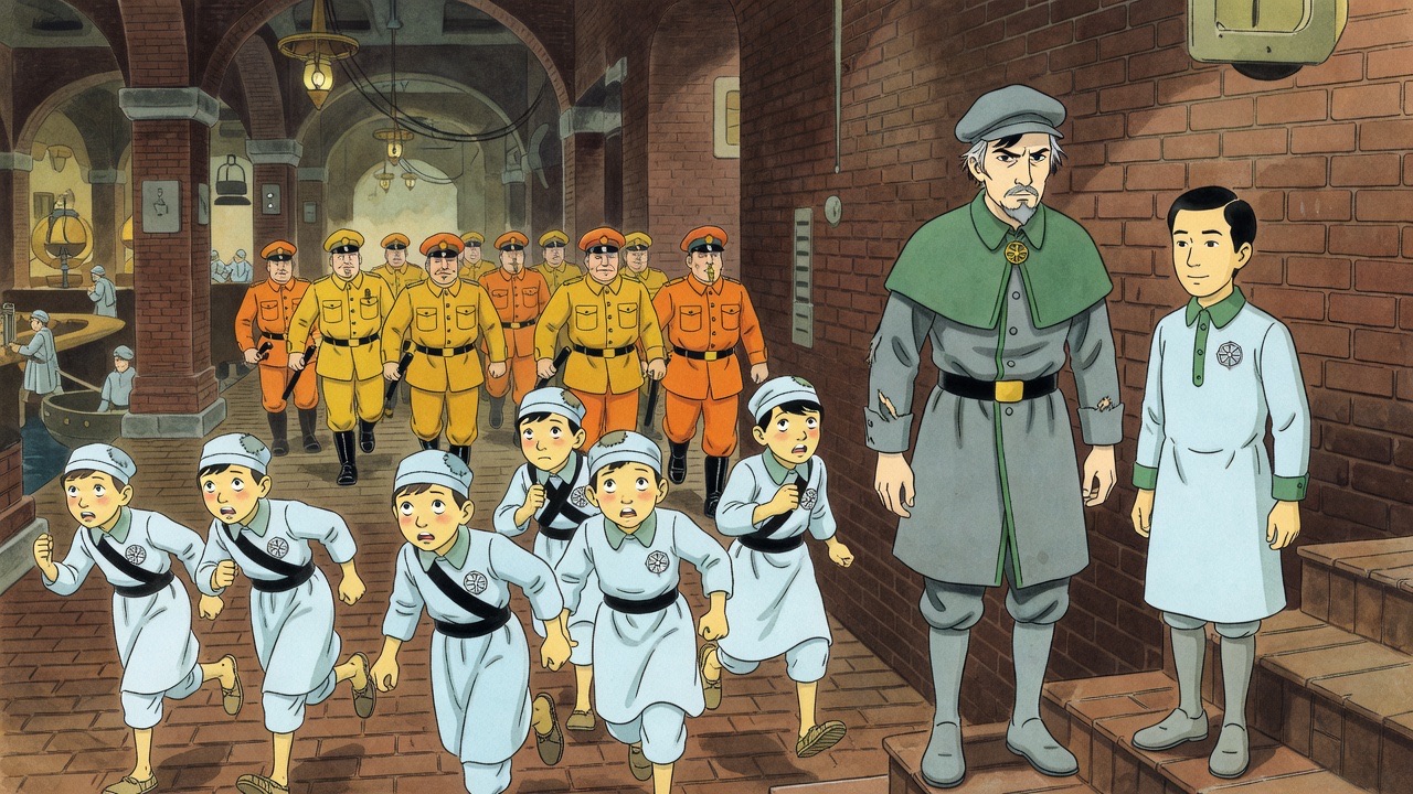 Blue-clad children flee in panic down a passage as a company of Labour Police trots toward a disturbance with clubs.