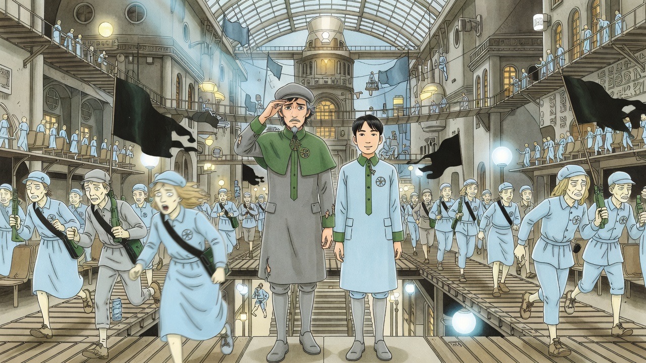 Graham and Asano blink in bright light on the middle passage as people run shouting and a woman flees with a face of white terror.