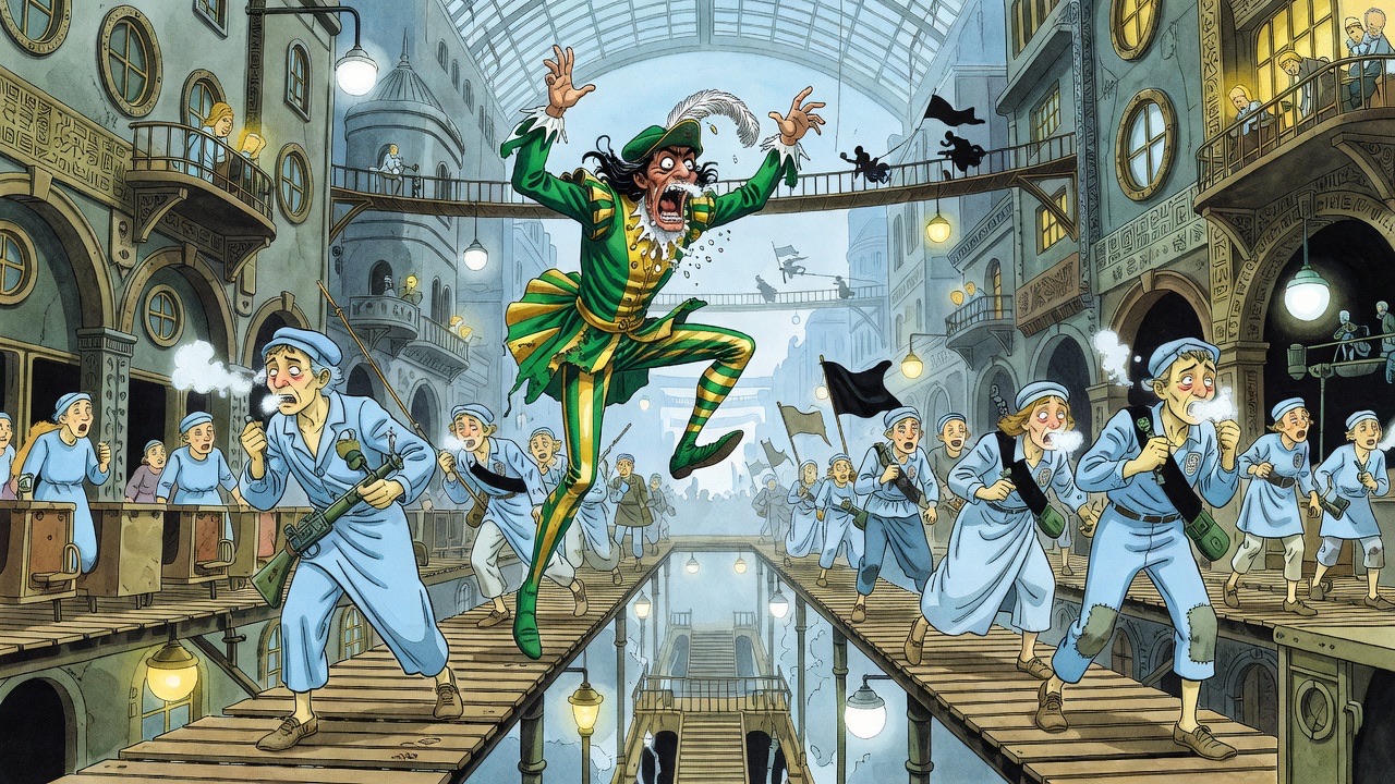 A hunchback in green and gold comes leaping and shrieking down the moving platforms through the terrified crowd.