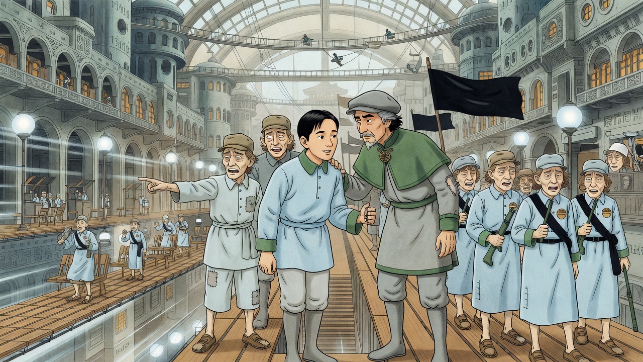 On the swiftest platform Asano questions a labourer while Graham leans in anxiously, the city rushing behind them.