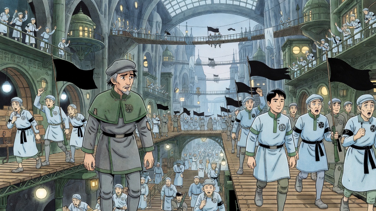 A tumultuous crowd surges up the platforms into purposeful movement, men raising fists and carbines as they stream toward their wards.