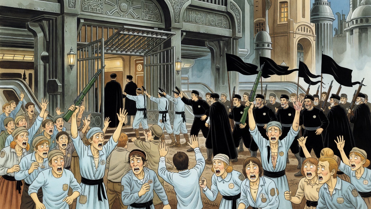 A shouting crowd presses around the grated doors of a revolutionary arsenal as green carbines are handed out.