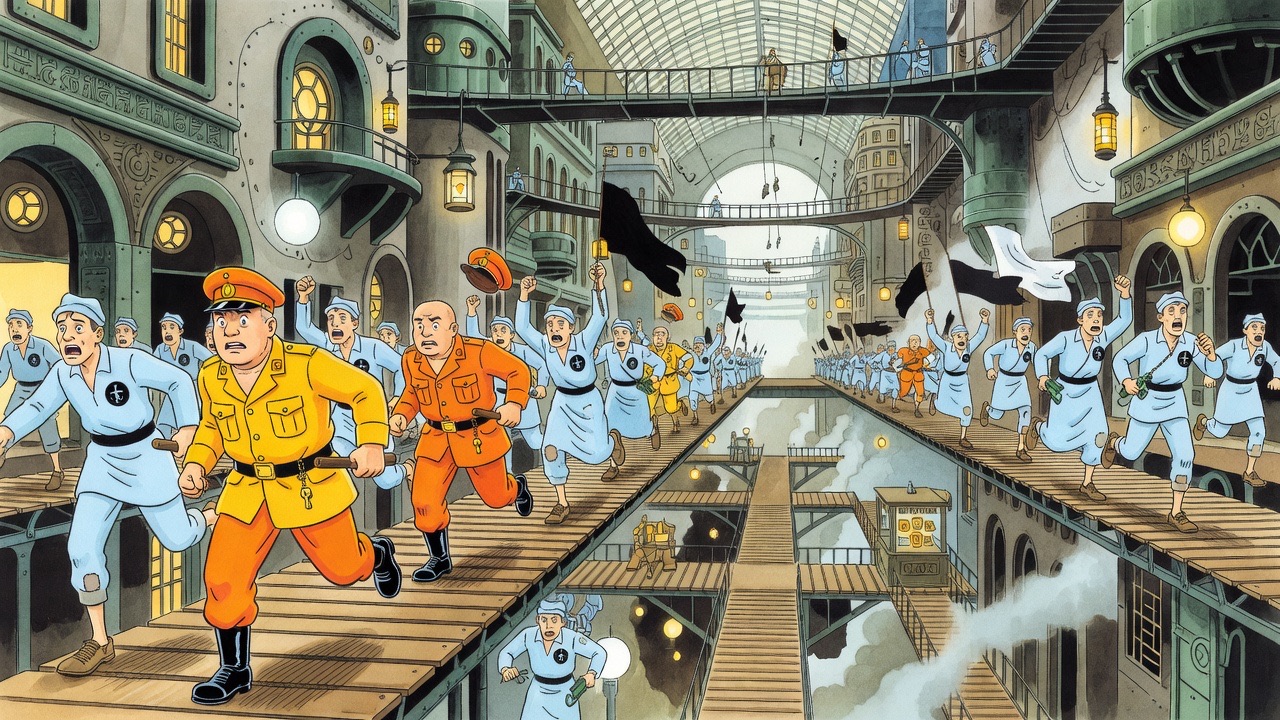 Two Labour policemen in orange flee along a swift way running the opposite direction, pursued by a gathering crowd.