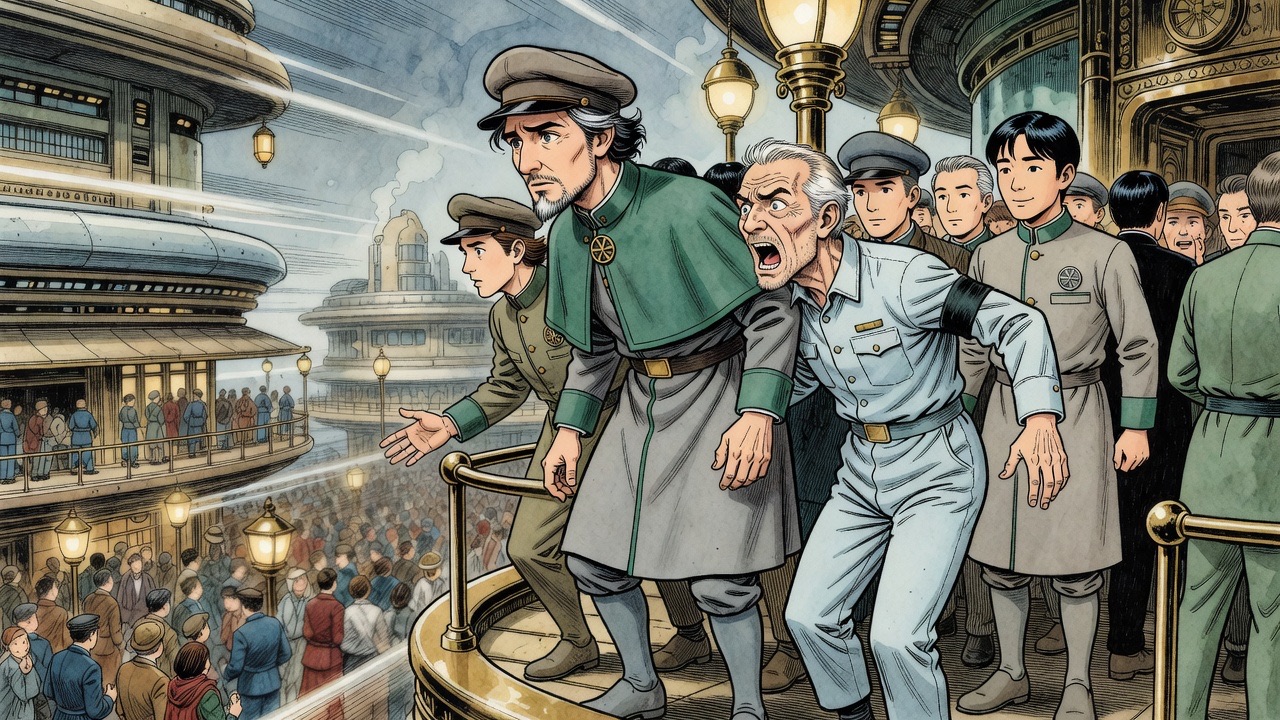 A wild-eyed man bawls beside Graham on the swift way, shouting down at the crowds on the lower platforms, while Graham winces.