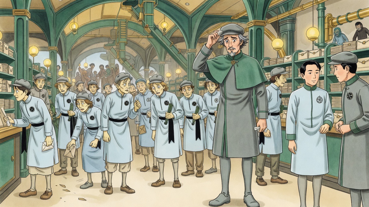 In the arched galleries of the central post-office, sluggish blue-clad porters stare in astonishment as Graham reveals who he is.