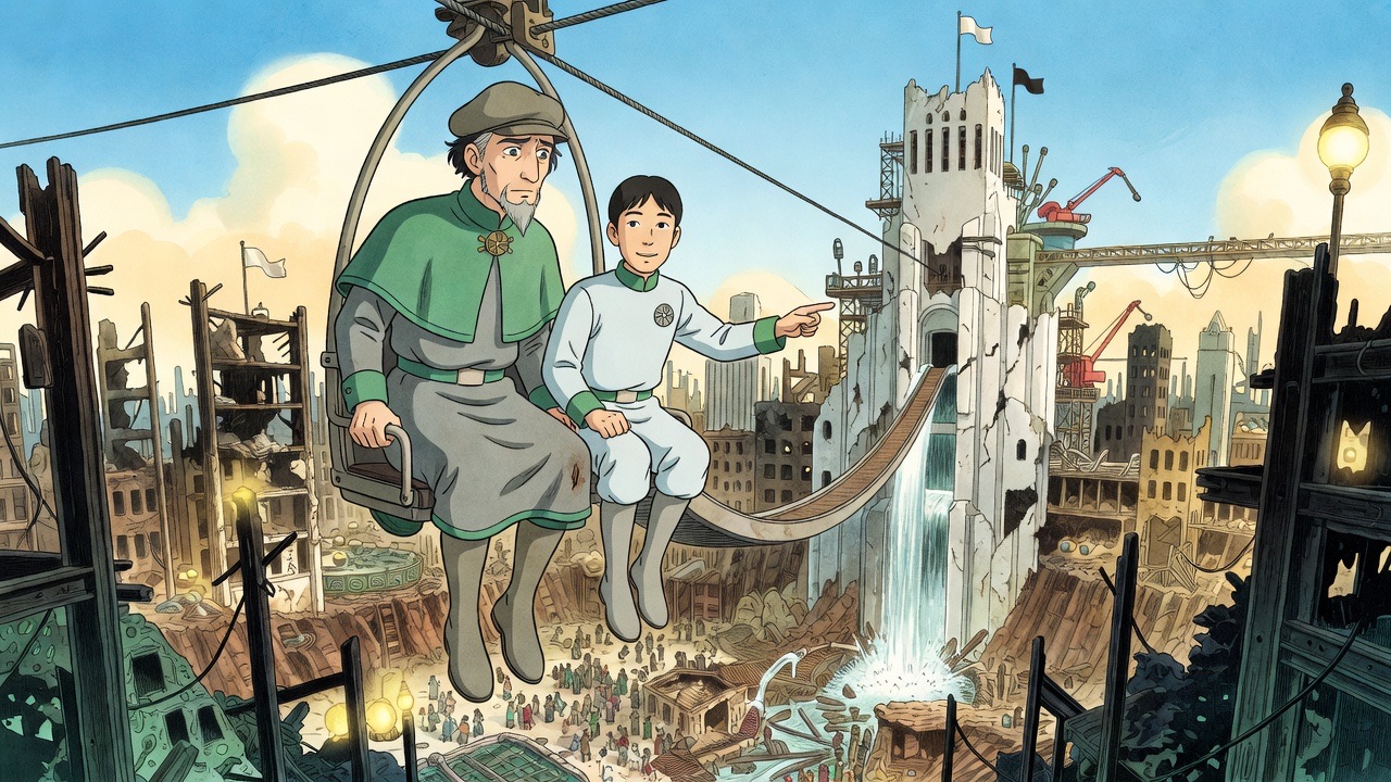 Graham and Asano ride a small cable cradle high above the ruins toward the white Council House.