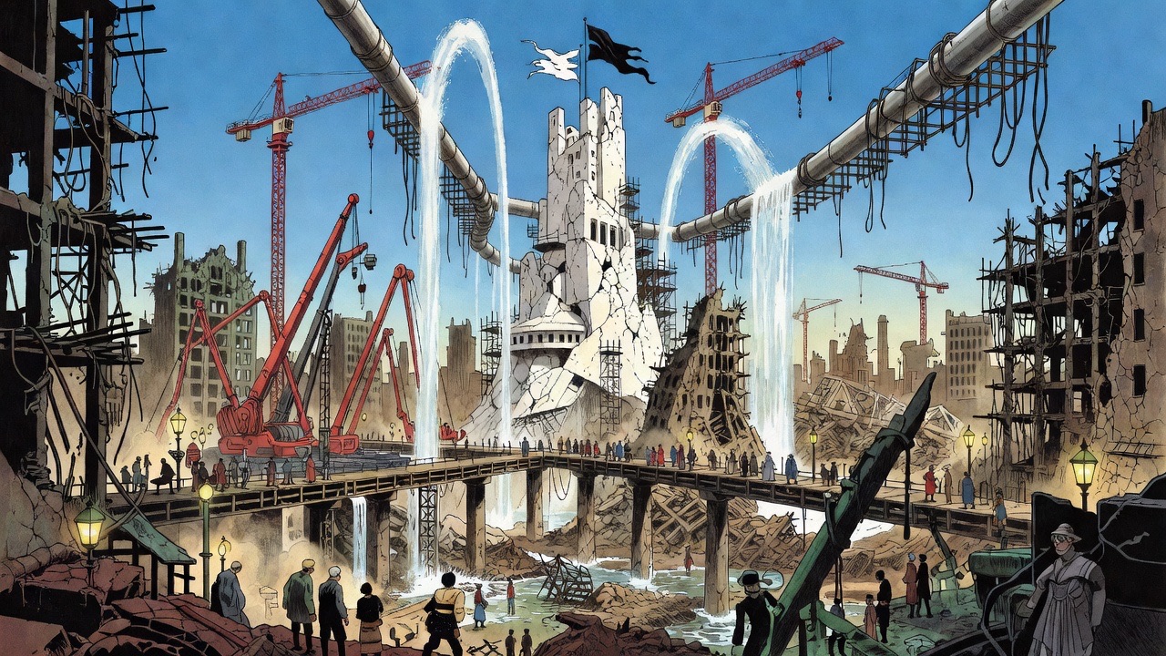 An establishing view of the ruins now laced with temporary pipes, restored cables, cranes and a red-armed building machine beside the white Council House.