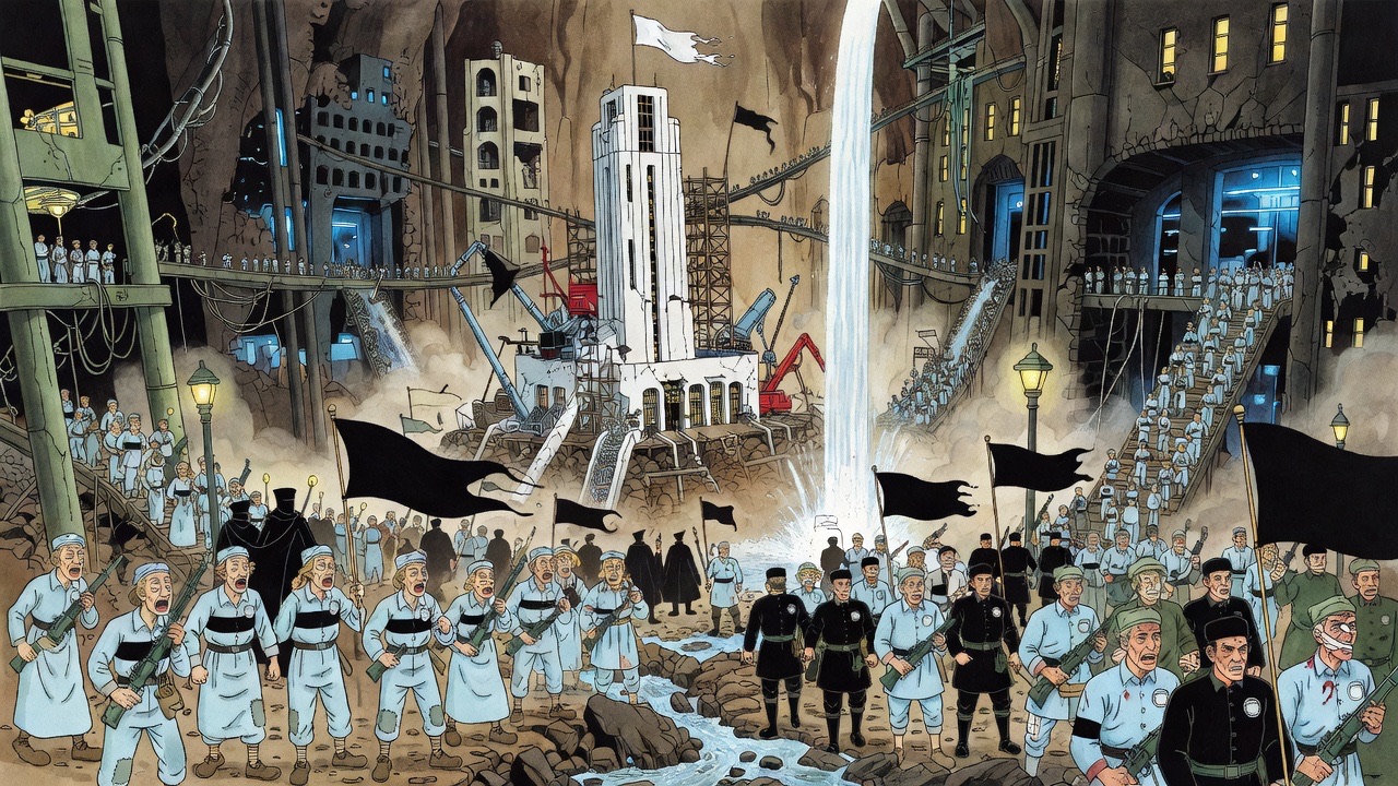 Swift ways emerge from tall caverns of blue electric light, pouring multitudes out over the sunlit wreckage toward the central building.