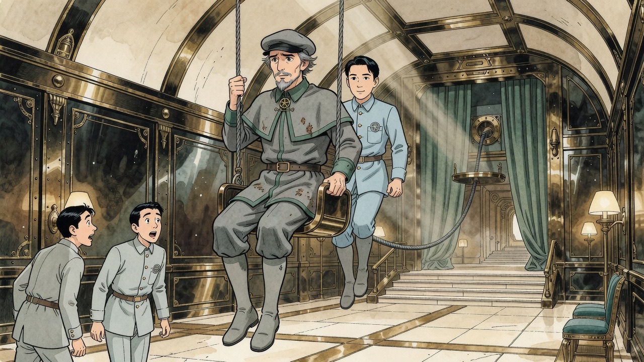 Graham swings down from the cable cradle into an empty ante-chamber while two astonished cable attendants recognise him.