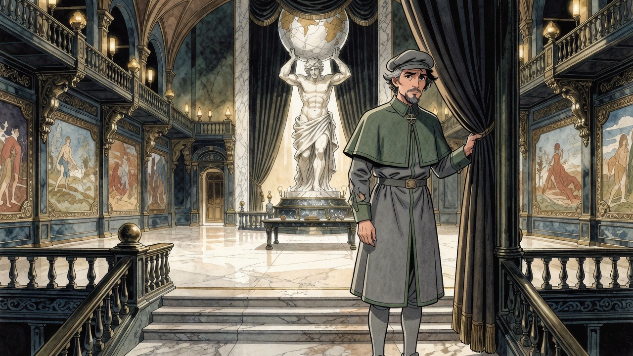 Seen from behind, Graham pulls aside a heavy curtain to face the gigantic white Atlas at the end of the vast hall.