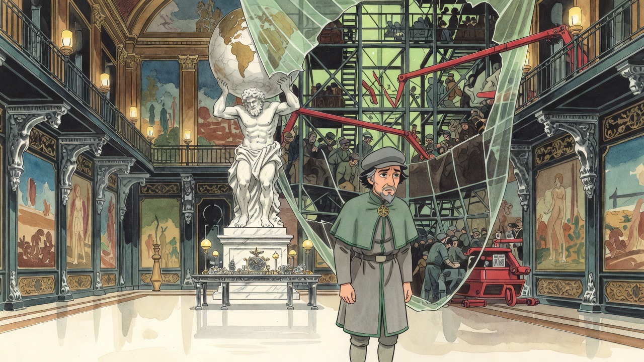 The Hall of the Atlas with its wall torn open beside the statue, patched with greenish film through which scaffolding and a red building machine are visible.