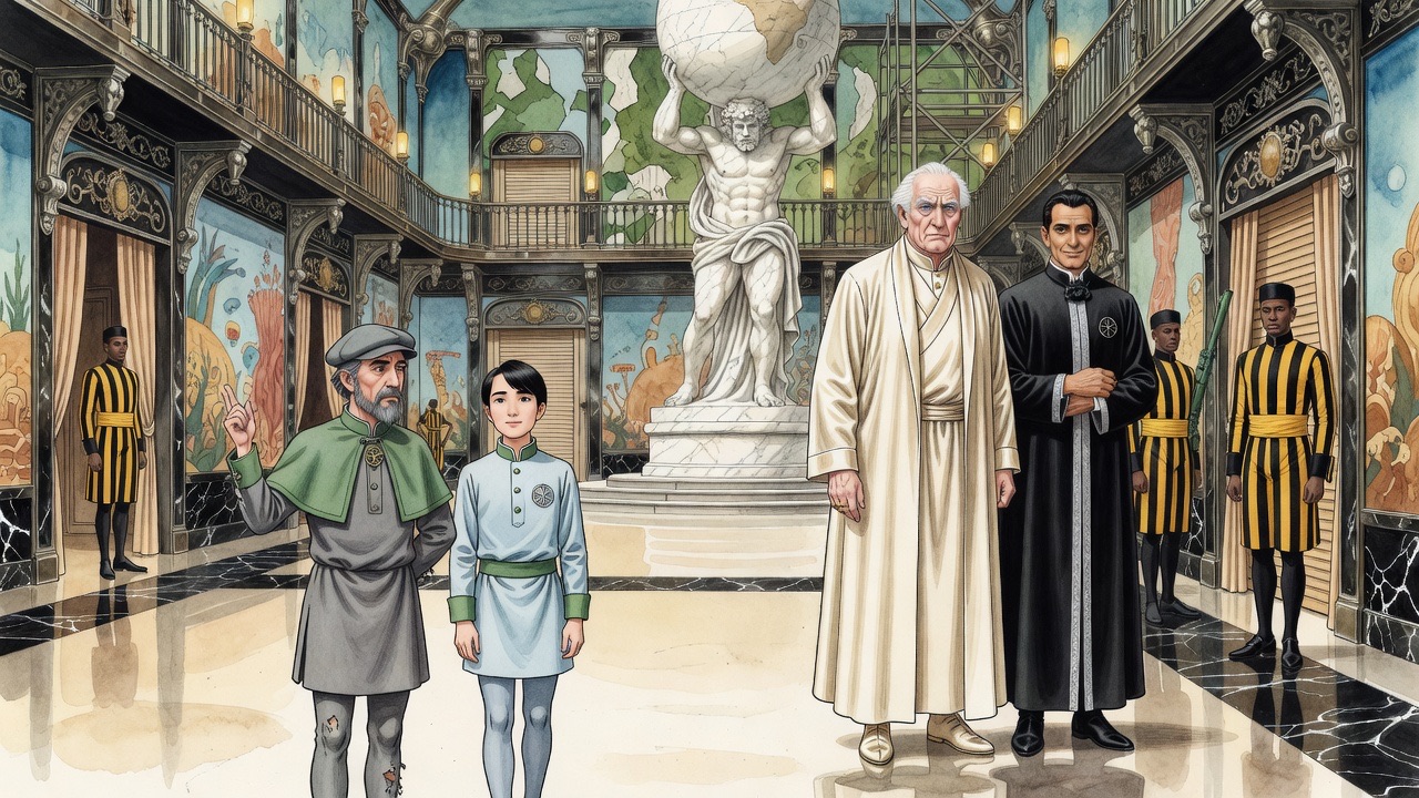 Far across the hall, a panel beside the Atlas rolls up and Ostrog, Lincoln and two black-and-yellow attendants cross the remote corner.