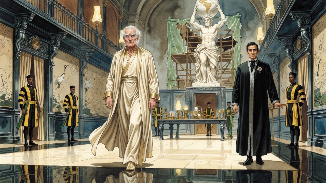 Ostrog walks alone across the empty gleaming floor toward Graham with measured steps, the others waiting behind.