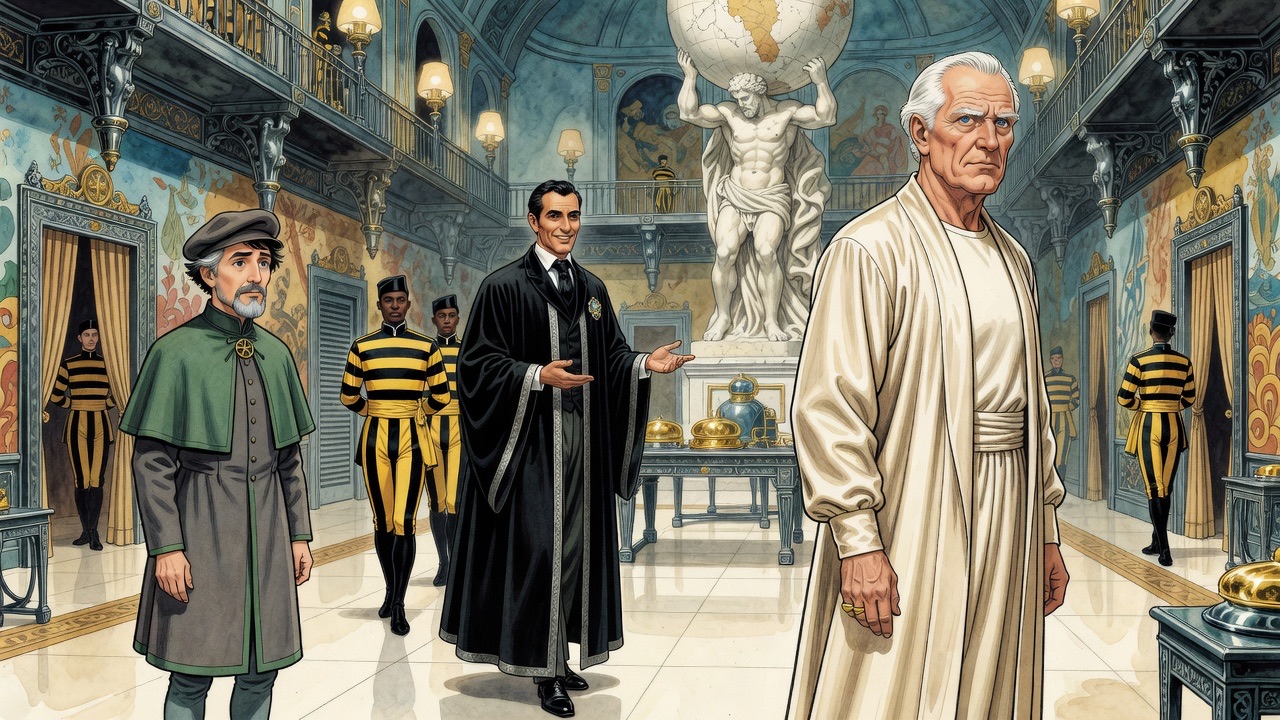 Ostrog glances aside as Lincoln approaches with the two black-and-yellow attendants close behind.