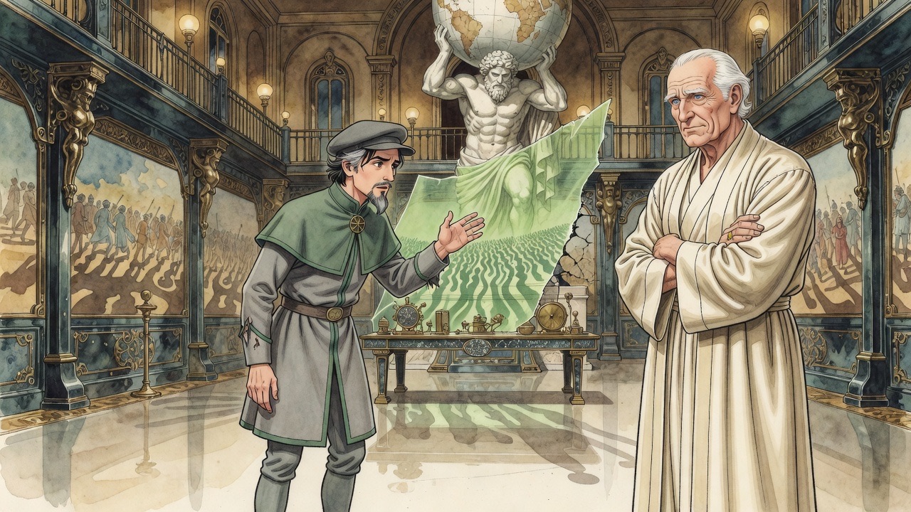 Graham raises a hand toward the green-filmed gap, listening to the roar of the multitude outside, as Ostrog watches.