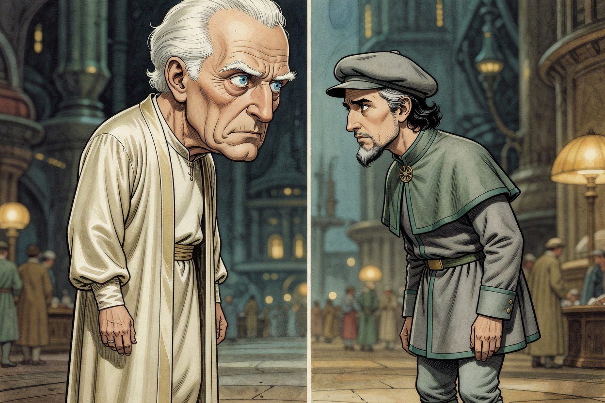 An extreme close-up of Ostrog and Graham locking eyes in silence.