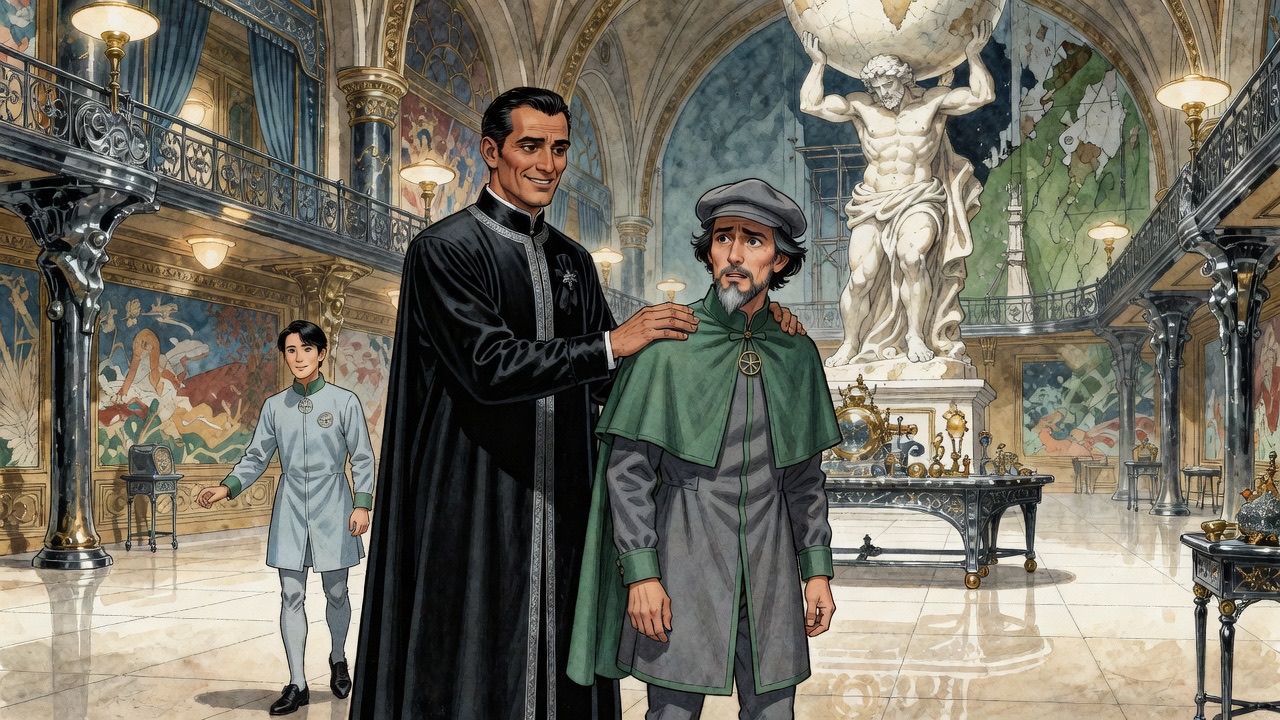 Lincoln lays a hand on Graham's shoulder as Graham realises his blunder and turns toward the curtains.