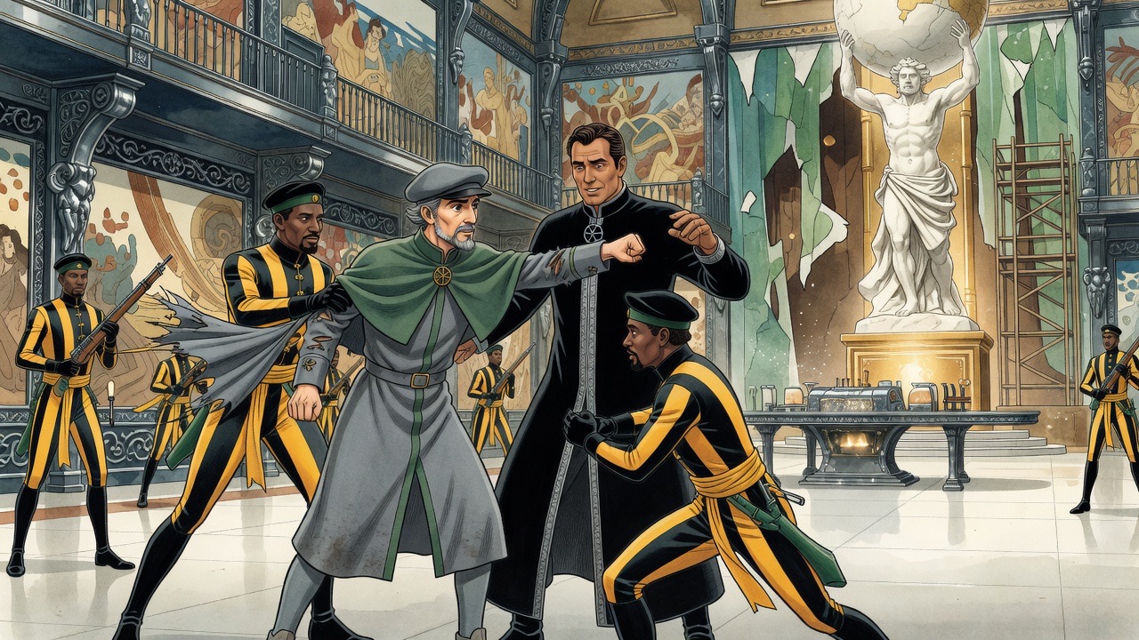 Graham strikes at Lincoln's face while a black-and-yellow attendant seizes him by collar and arm and his sleeve tears.