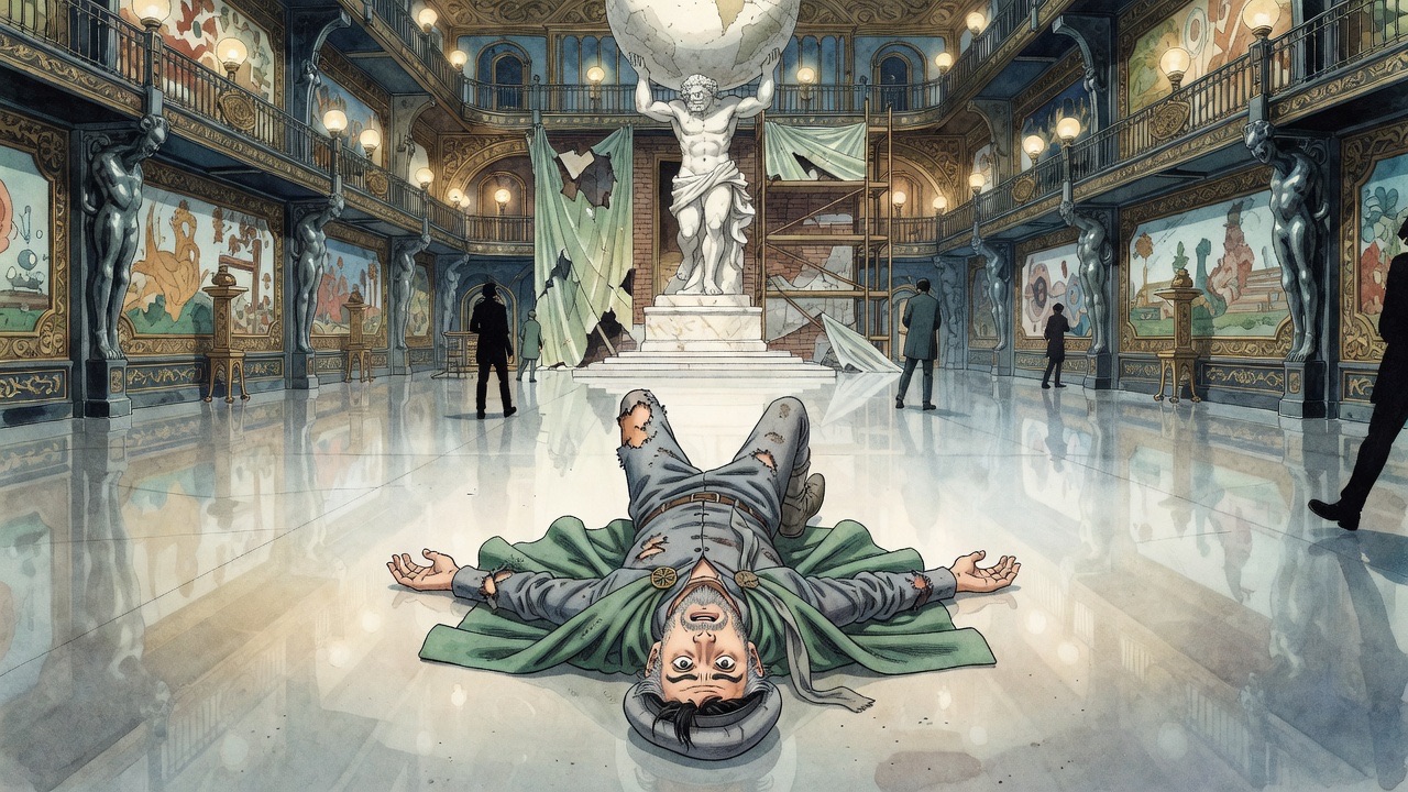 From overhead, Graham lies flat on his back on the polished floor, staring up at the distant ceiling of the hall.