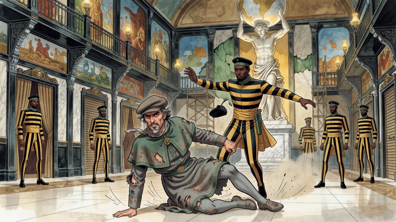 Graham, rolling on the floor, clutches an attendant's leg and throws him headlong.