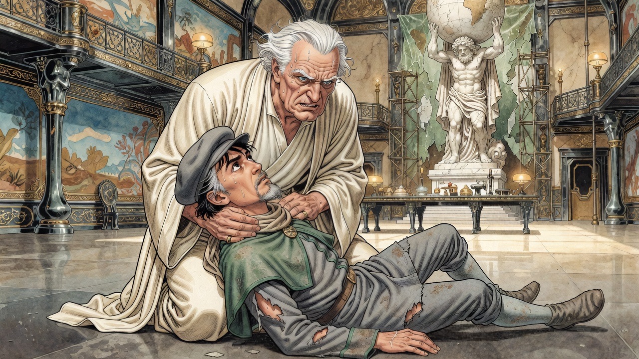 Ostrog pins Graham to the floor with an arm around his neck, both men panting.
