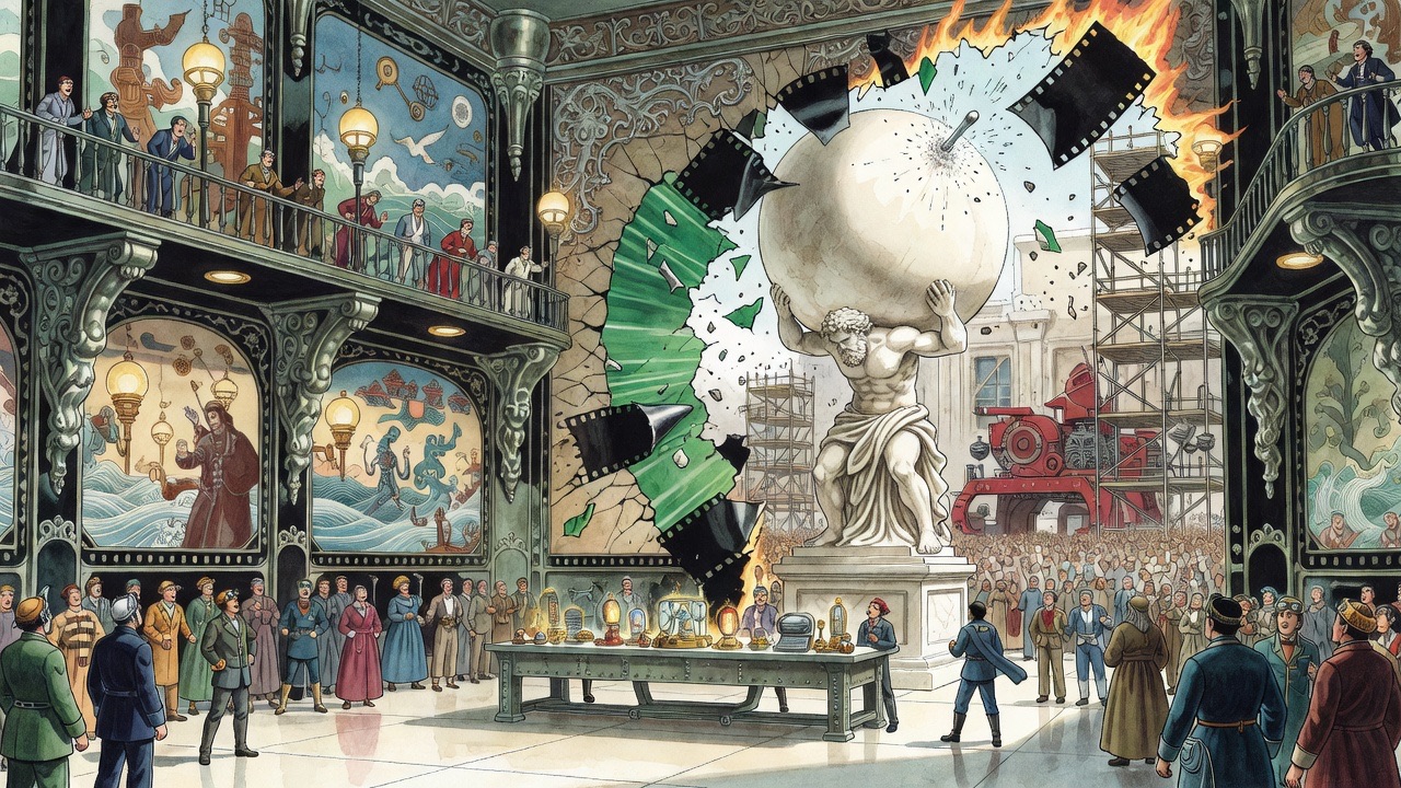 A bullet strikes above the Atlas and the transparent film across the gap shrivels back, leaving the chamber open to the air.