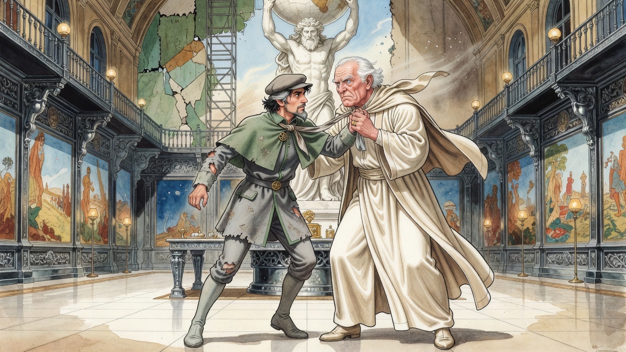 Up on one knee, Graham grips Ostrog's throat while Ostrog clutches the silk at Graham's neck.