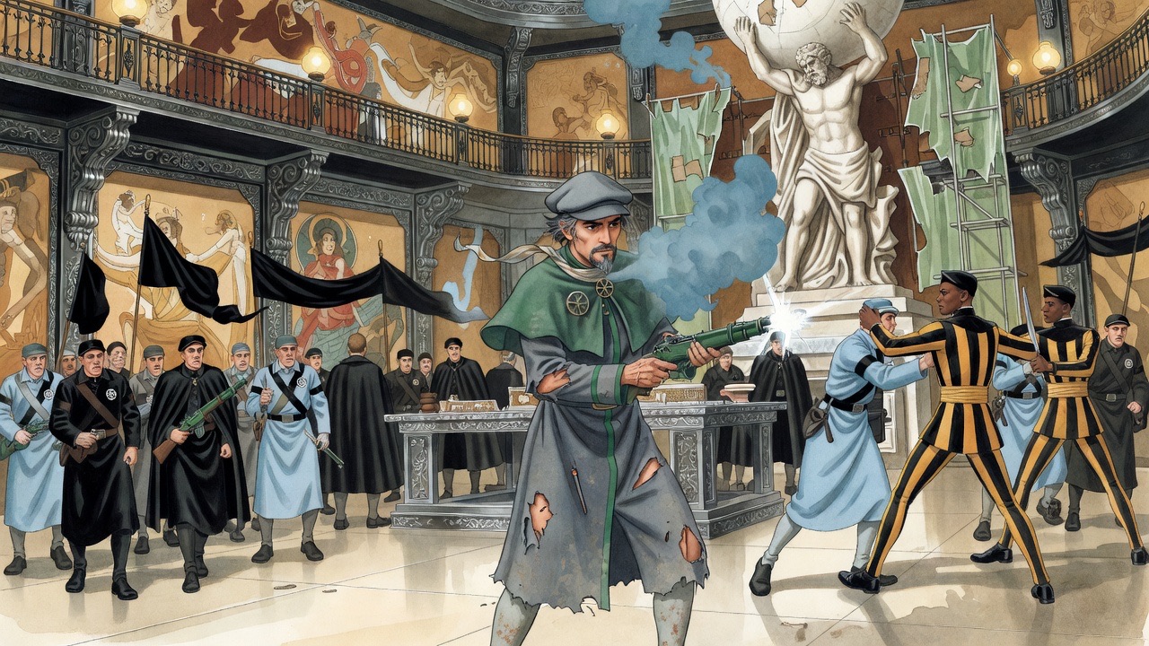 Amid a crack of green weapons and pungent smoke, a steel blade flashes and the huge chamber seems to spin.