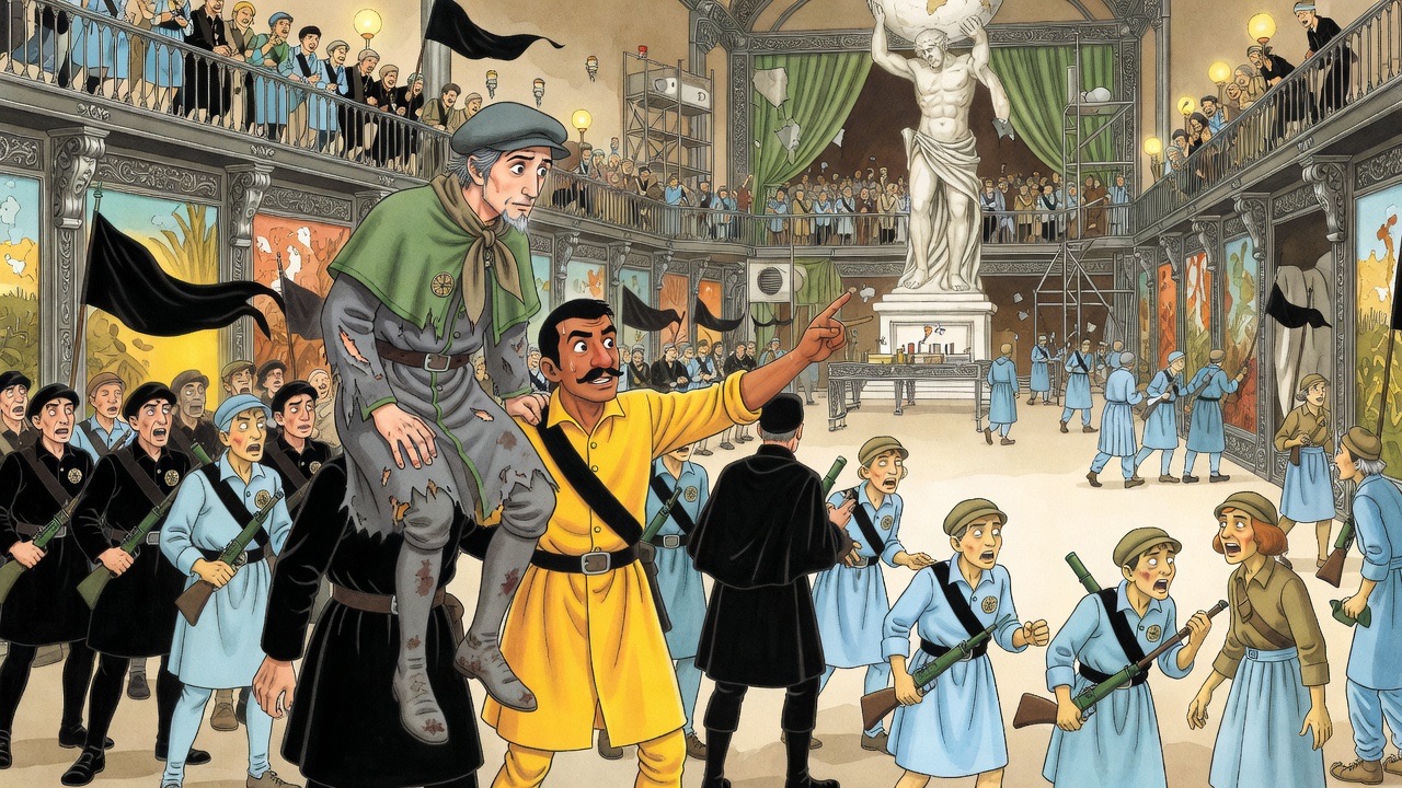 Surrounded by a bodyguard in the packed hall, Graham shouts a question to the black-moustached man in yellow, who points over the heads.