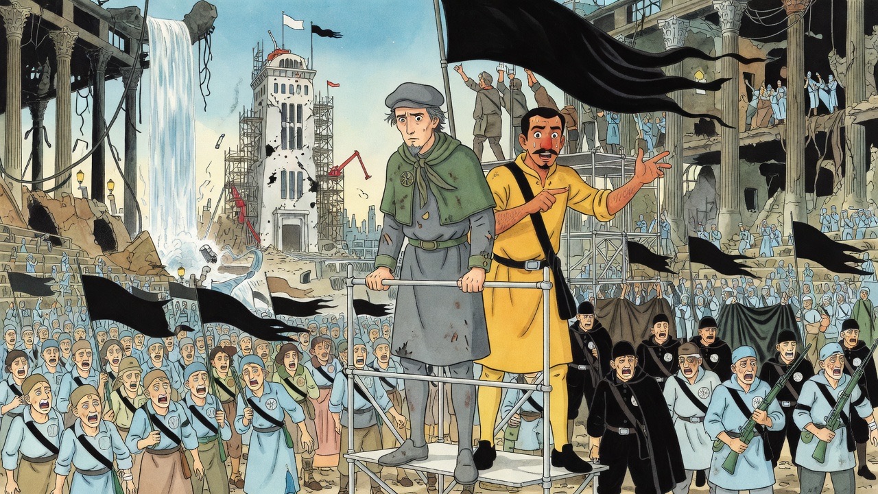 From a small white scaffold platform high on the Council House, Graham faces an immense sea of people across the ruins as men haul up a black standard behind him.