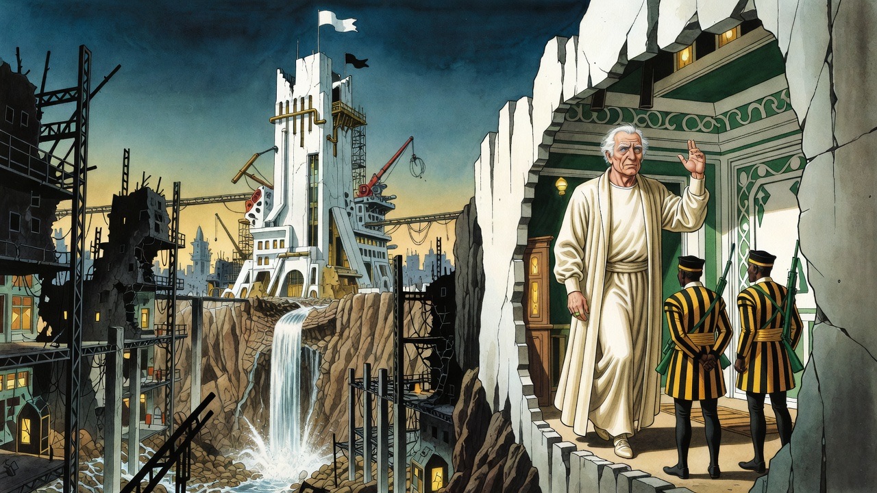 Across the gulf, Ostrog in white stands on the edge of an opened room of green and white at the crest of the ruins, with two attendants behind.