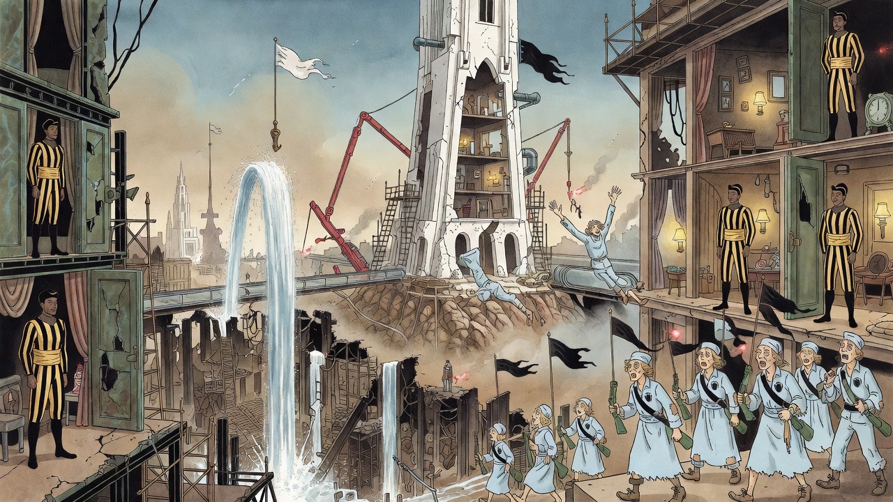 Along an open gallery of the cut-away building, black-and-yellow guards fire at pursuing figures in blue, one of whom falls headlong past the red arm of a building machine.