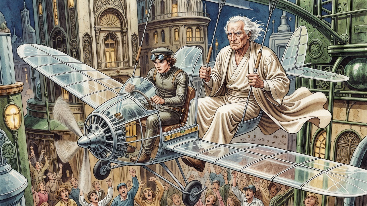 The monoplane plunges past at a steep angle, Ostrog clutching his seat with grey hair streaming while the pale aeronaut wrenches the lever.