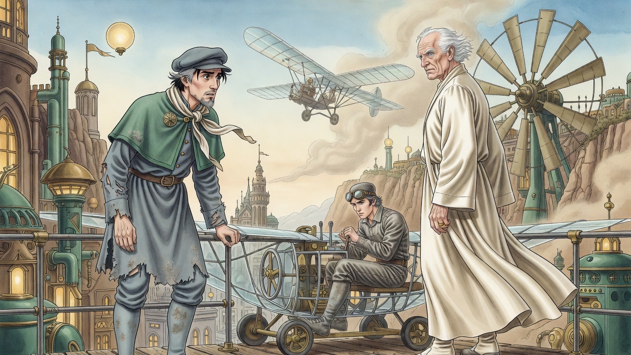 Graham, clutching the railing, watches the monoplane clear the wind-wheel and soar away upward into the sky.