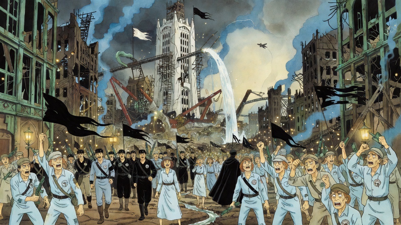 The whole area of the ruins turns dim and blue with the smoke of thousands of carbines firing too late at the vanishing machine.