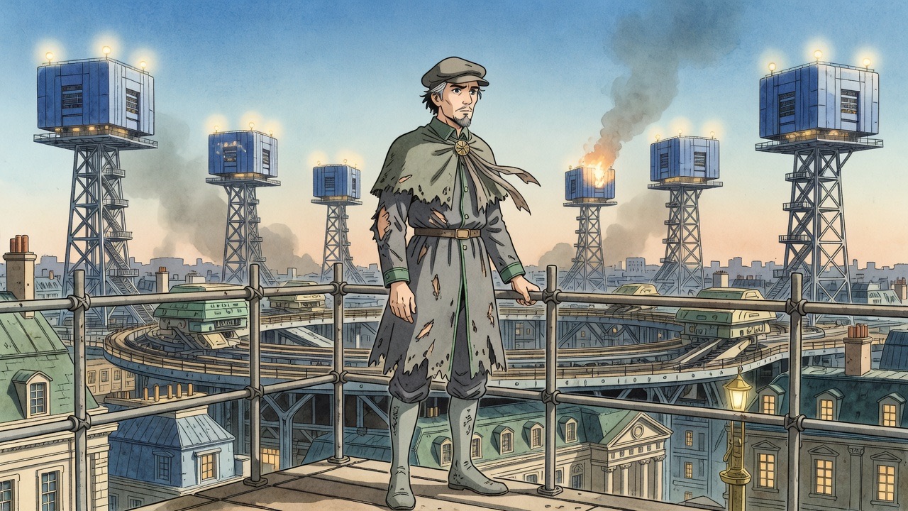 Graham, alone at the rail, stares toward the distant square blue flying stages that now mean Ostrog.