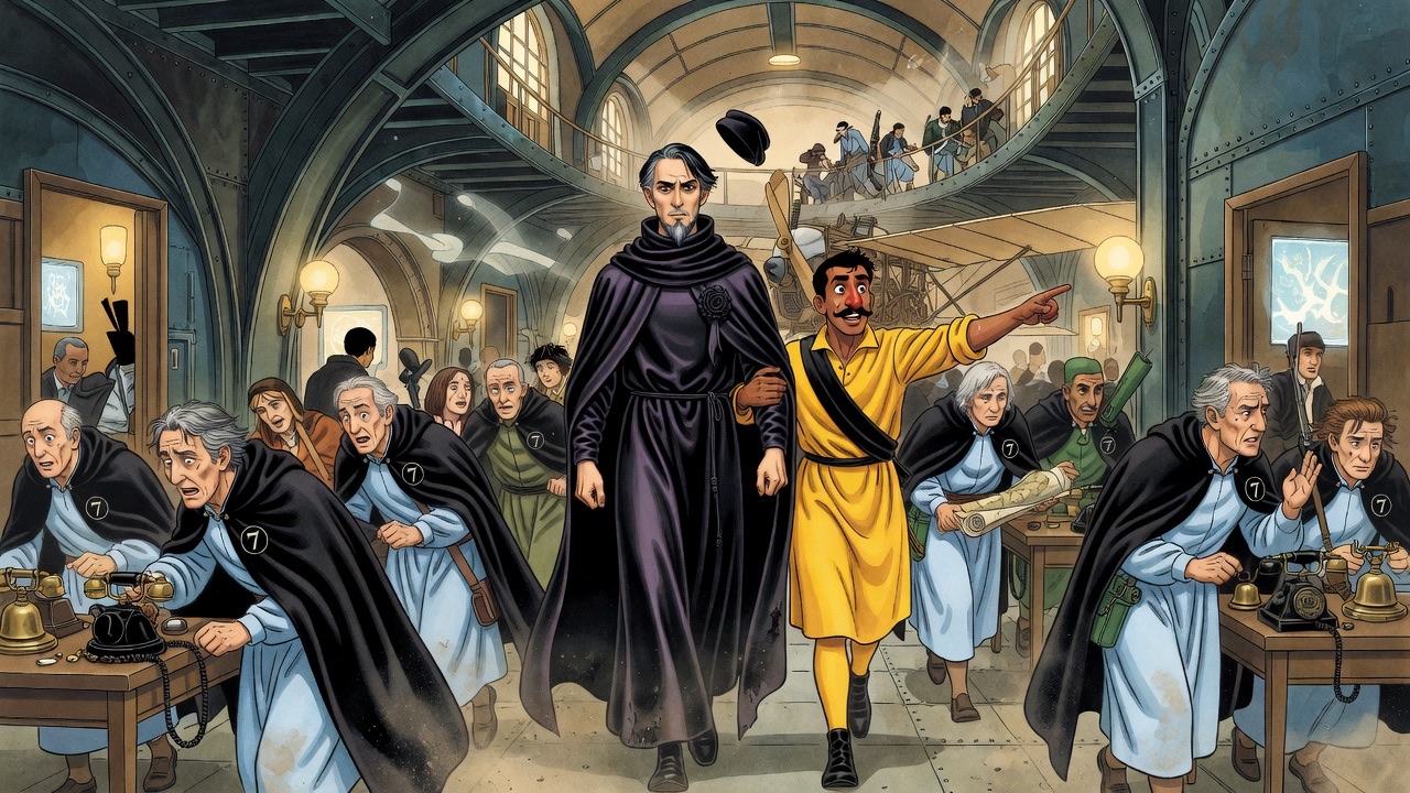 A black-robed man is swept along a crowded elevated passage by a zealous man in yellow and dishevelled ward leaders.
