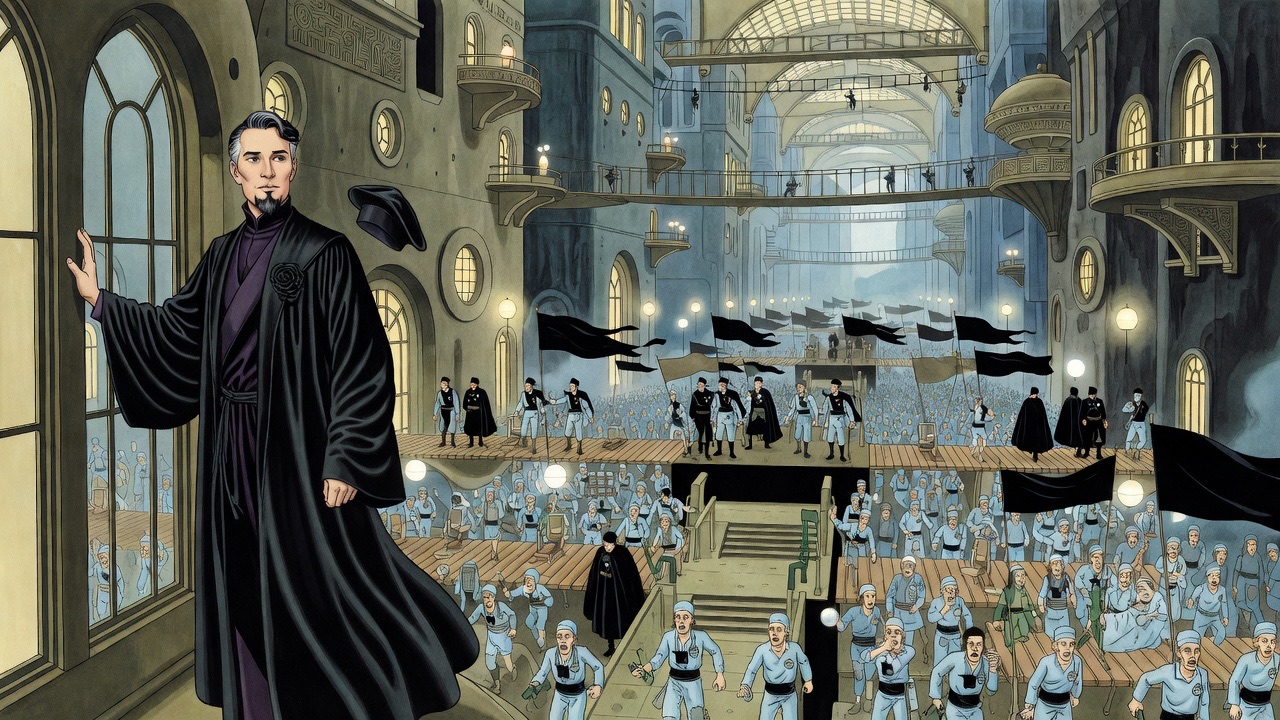 From a high window a lone robed figure looks down on an endless river of marching people in blue under black banners.