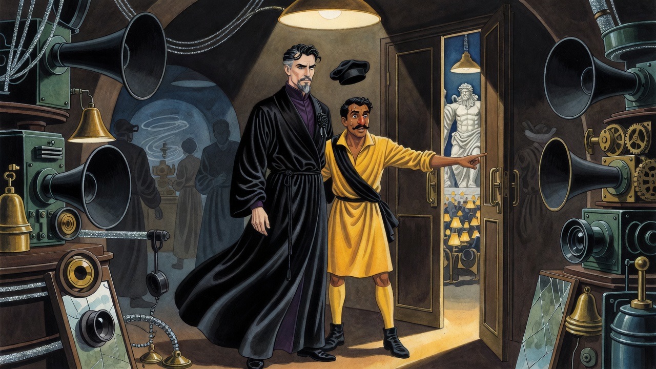 Heavy double doors swing shut behind a robed man, cutting off a crowded hall as he steps into a dark, silent room.