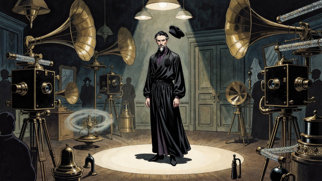 High overhead view of a lone robed man standing in an oval of light surrounded by gaping phonograph horns and camera lenses.