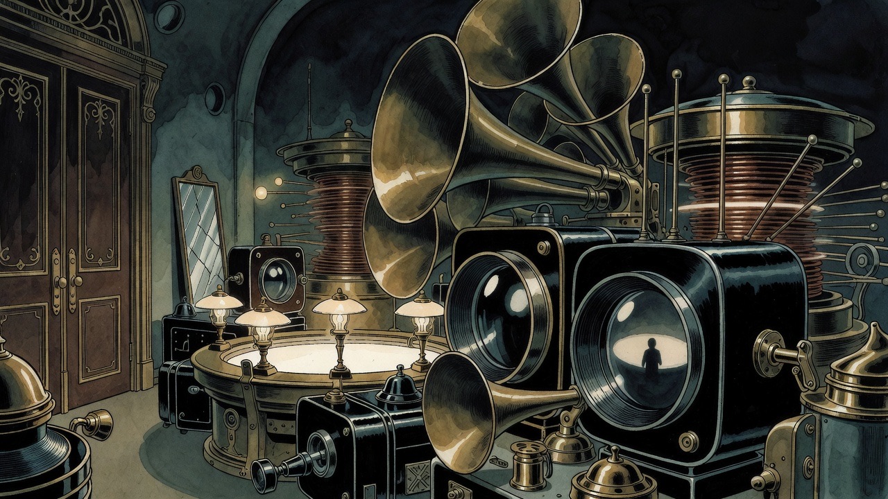 Close detail of the recording apparatus: brass phonograph horns, black camera lenses and a spinning coil glinting in the dark.