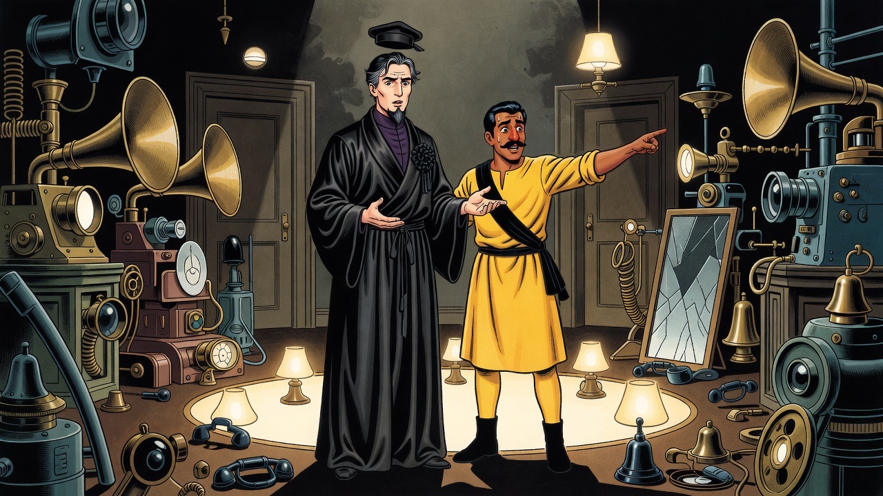 In the pool of light, the robed man turns uncertainly with an open-handed gesture toward the man in yellow standing at its edge.