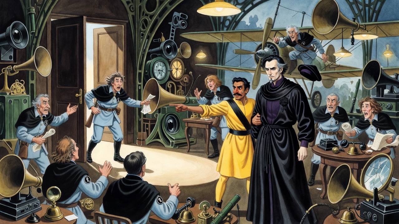 A breathless messenger bursts in from the shadows toward the robed man and the man in yellow.