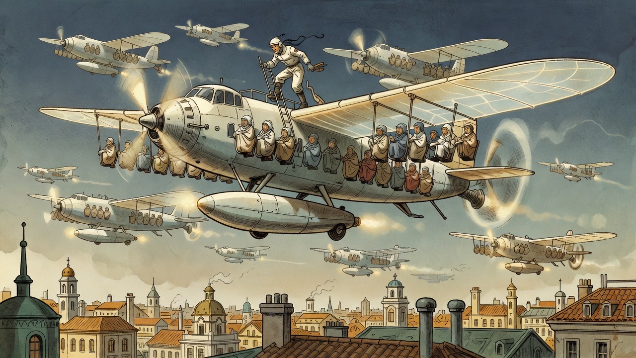 An imagined vision of a formation of vast translucent-winged aeroplanes sweeping over the rooftops of a Spanish city.